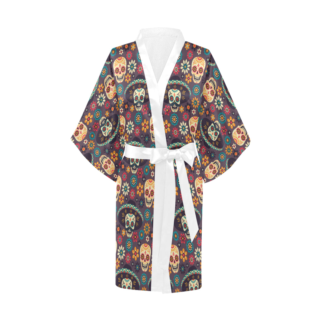Sugar skulls flower maxican pattern Women's Short Kimono Robe