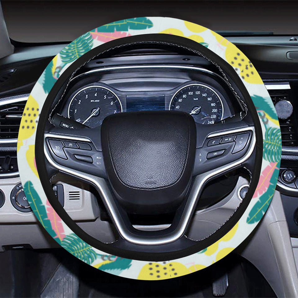 Cute parrot toucan flamingo cactus exotic leaves p Car Steering Wheel Cover