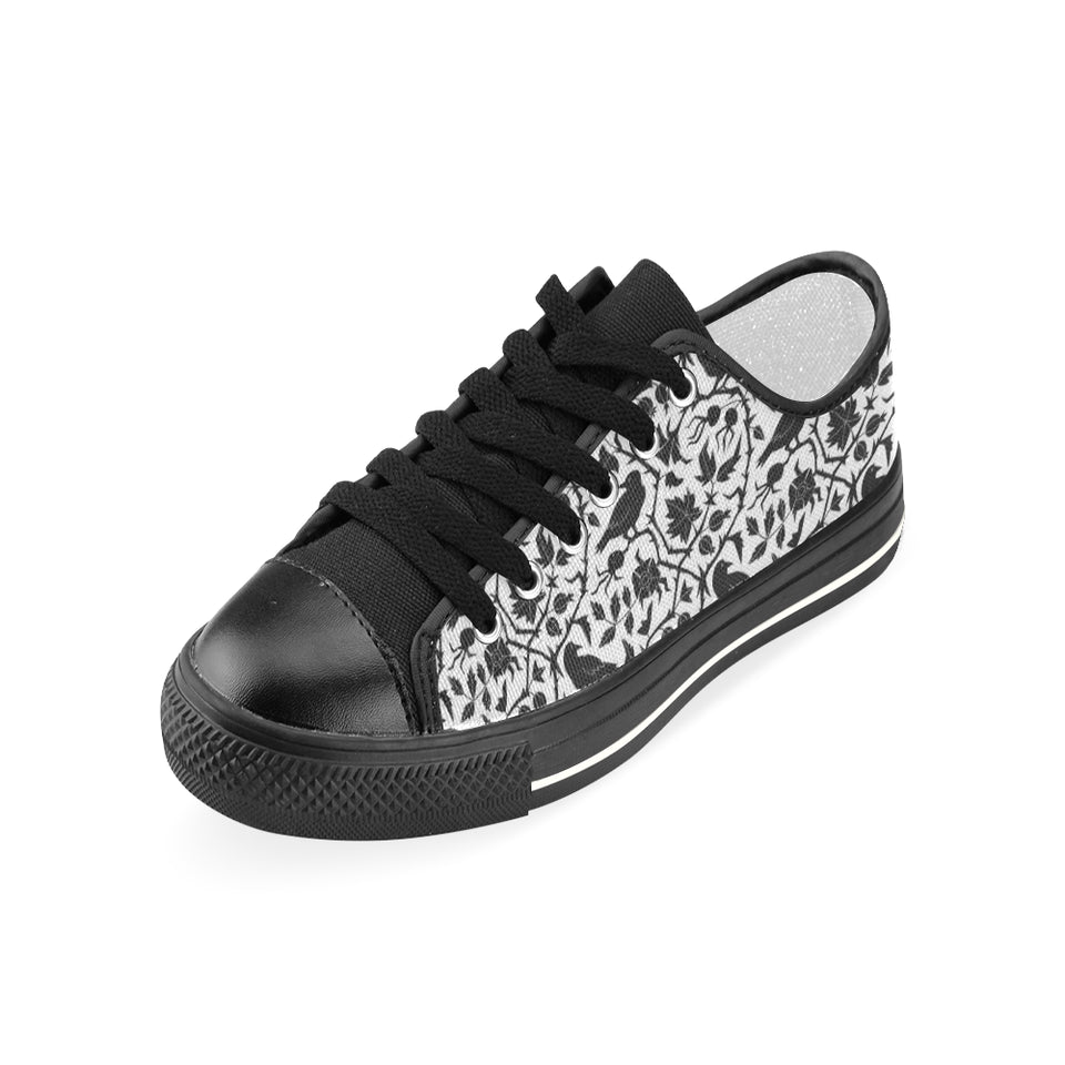 Crow dark floral pattern Women's Low Top Canvas Shoes Black