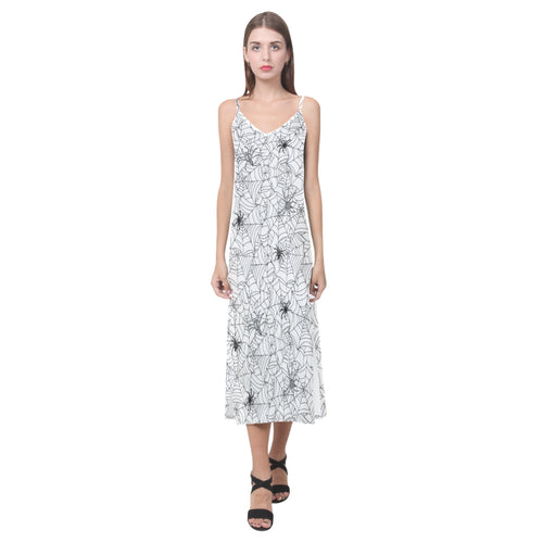 Spider web cobweb pattern V-Neck Open Fork Long Dress