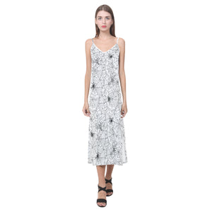 Spider web cobweb pattern V-Neck Open Fork Long Dress