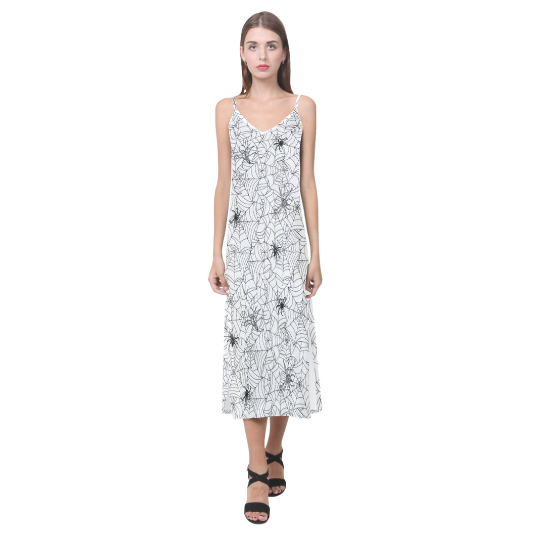 Spider web cobweb pattern V-Neck Open Fork Long Dress