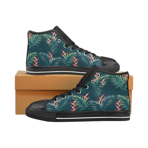 heliconia flowers, palm and monstera leaves on bla Women's High Top Canvas Shoes Black