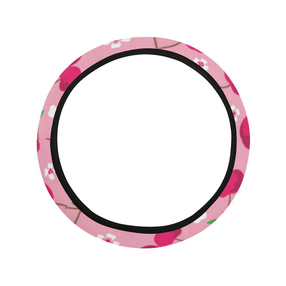 cherry flower pattern pink background Car Steering Wheel Cover