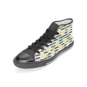 Pineapples pattern striped background Women's High Top Canvas Shoes Black