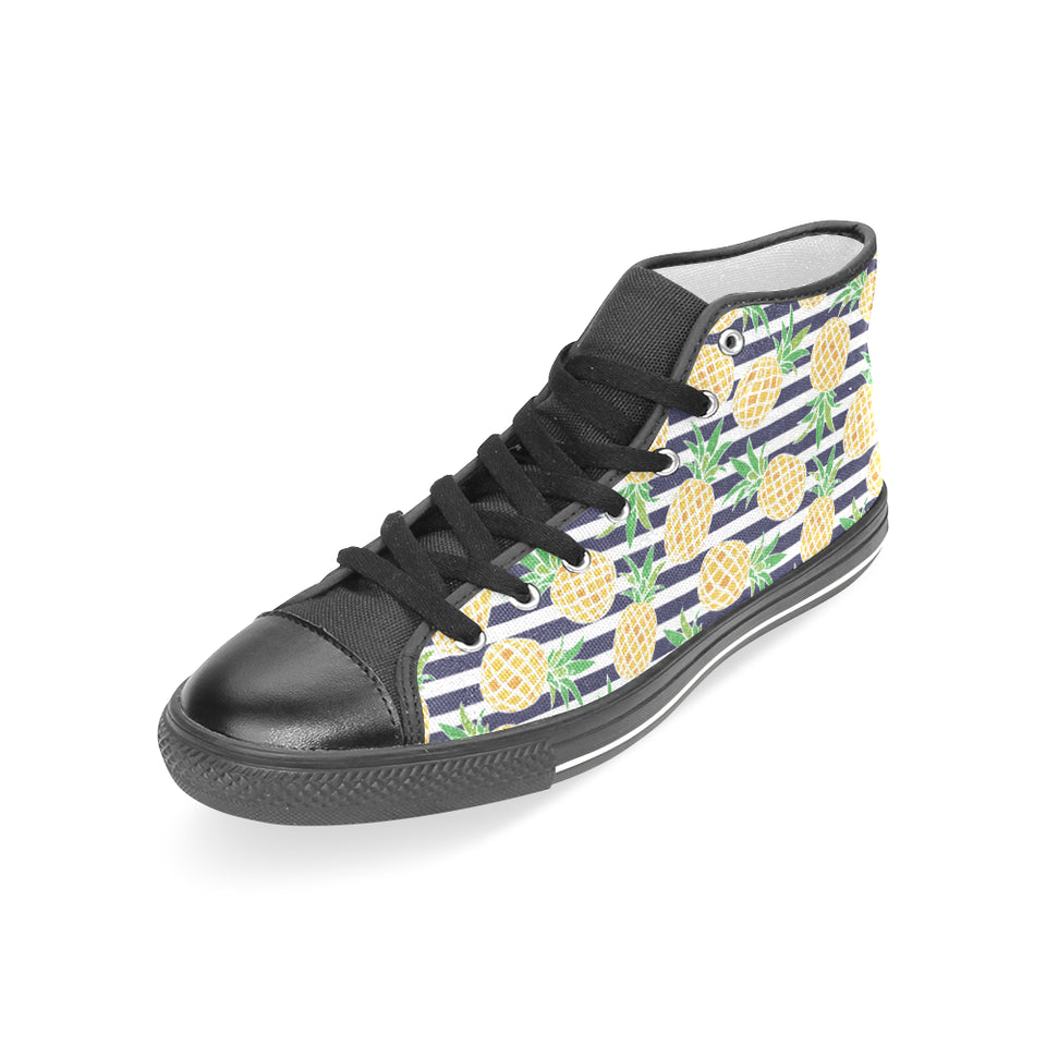 Pineapples pattern striped background Women's High Top Canvas Shoes Black
