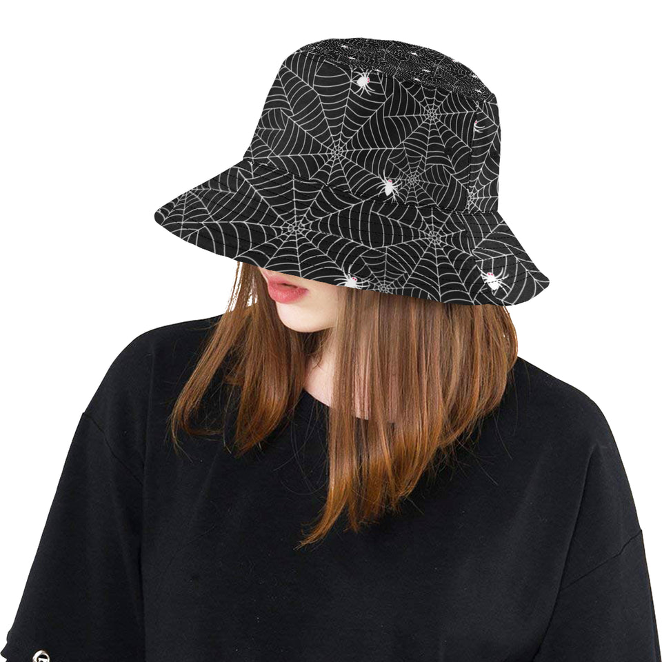 Spider web design pattern Black background white c Unisex Bucket Hat