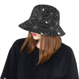 Spider web design pattern Black background white c Unisex Bucket Hat