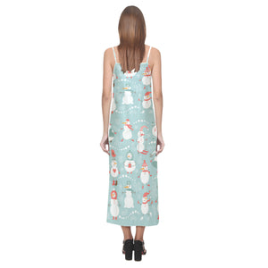 Cute snowman pattern V-Neck Open Fork Long Dress