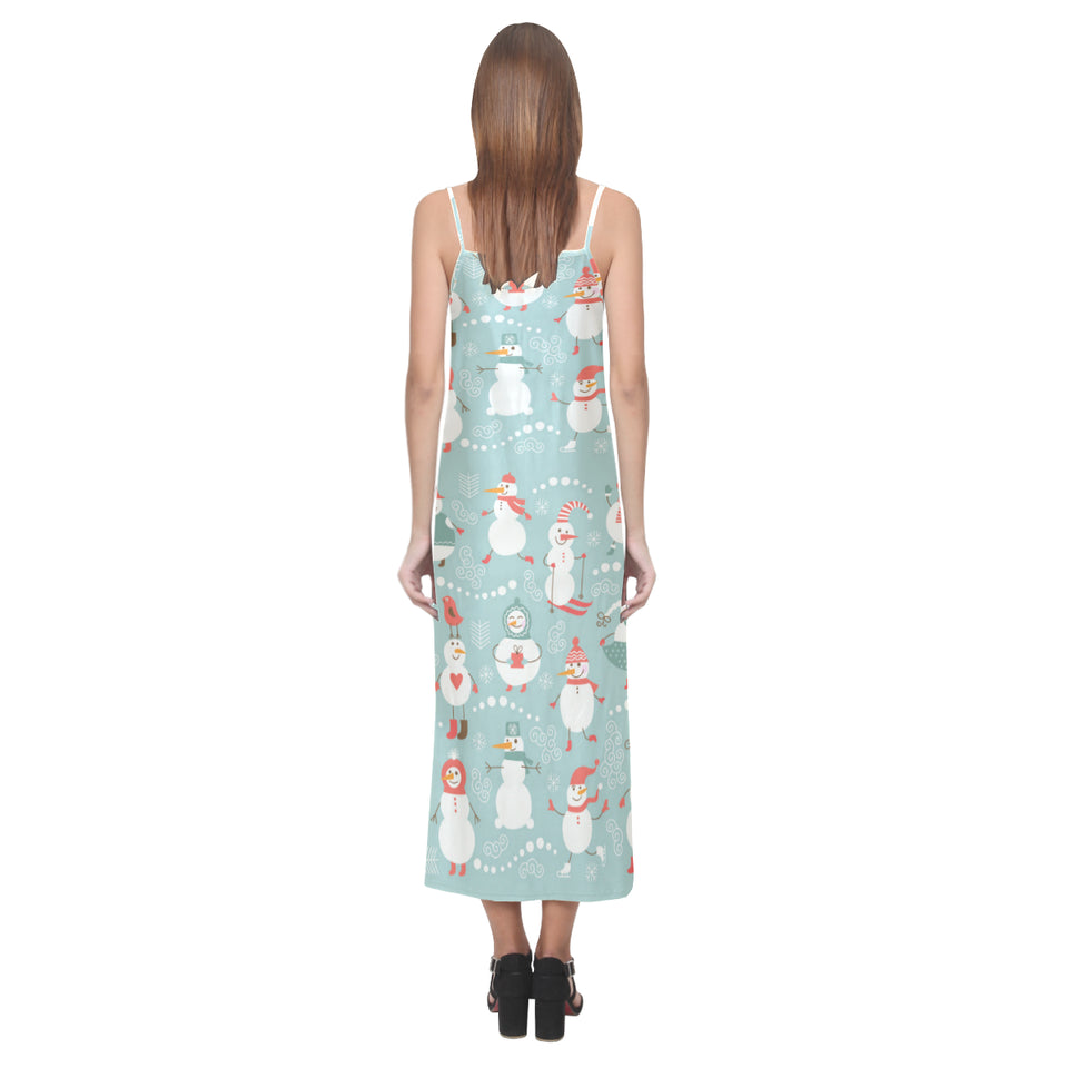 Cute snowman pattern V-Neck Open Fork Long Dress
