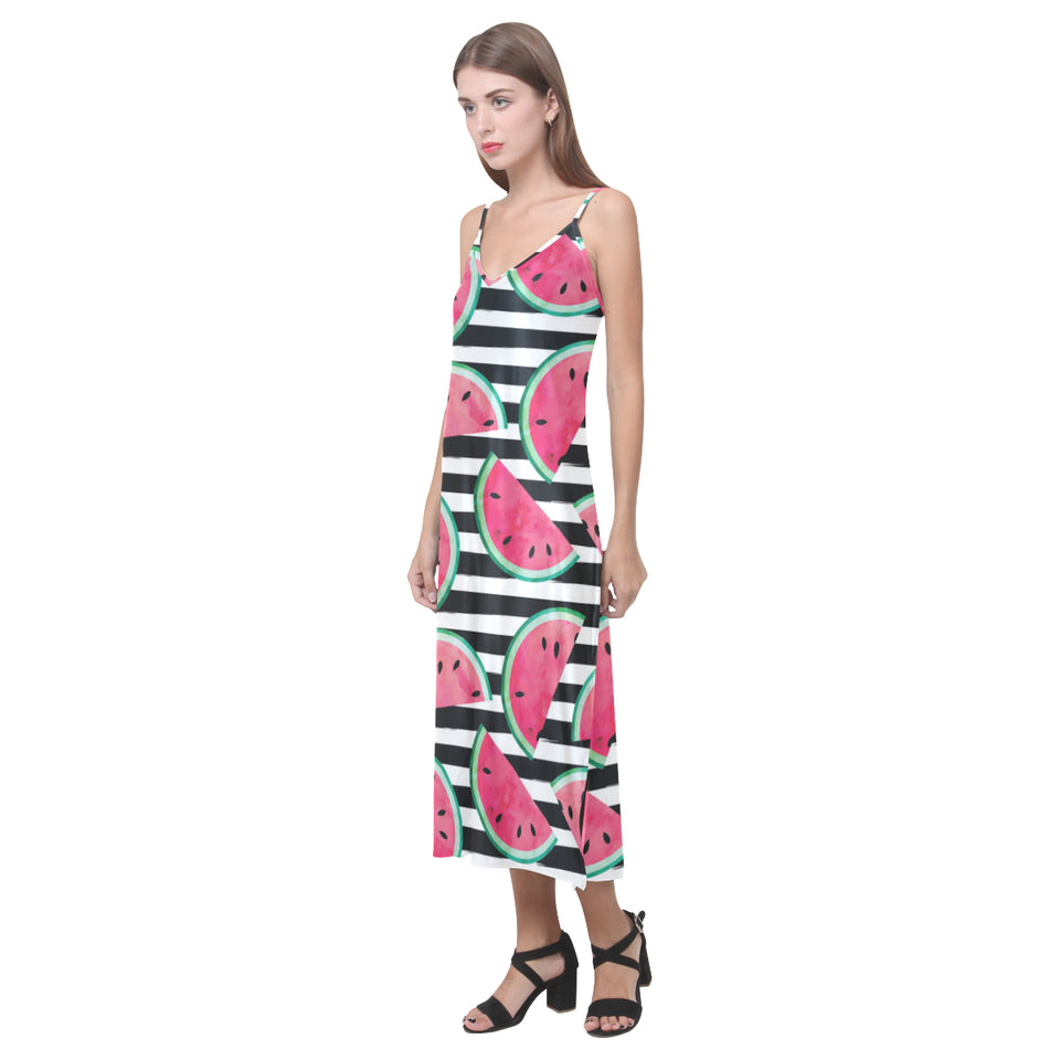 Watercolor paint textured watermelon pieces V-Neck Open Fork Long Dress