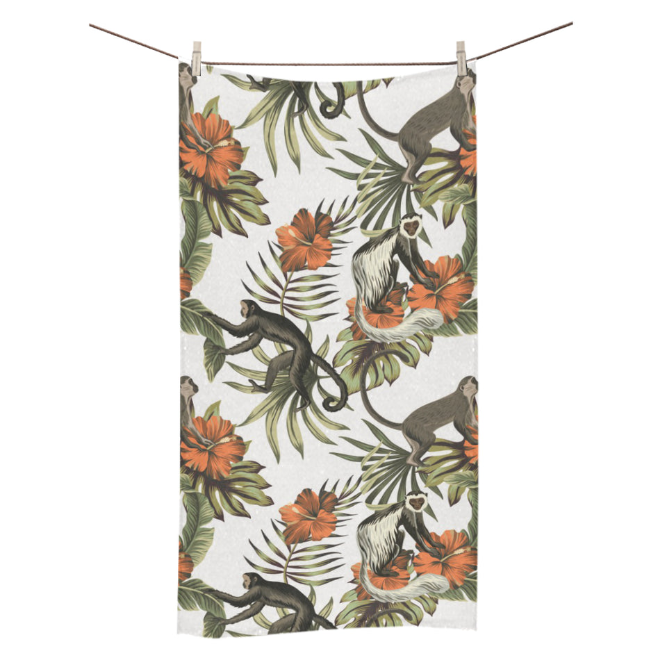 Monkey red hibiscus flower palm leaves floral patt Bath Towel