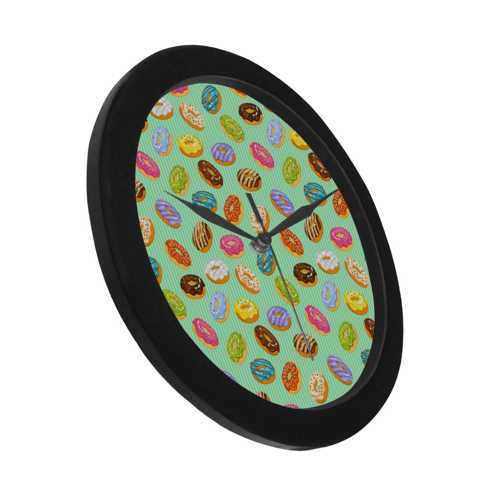 Colorful donut pattern green background Elegant Black Wall Clock