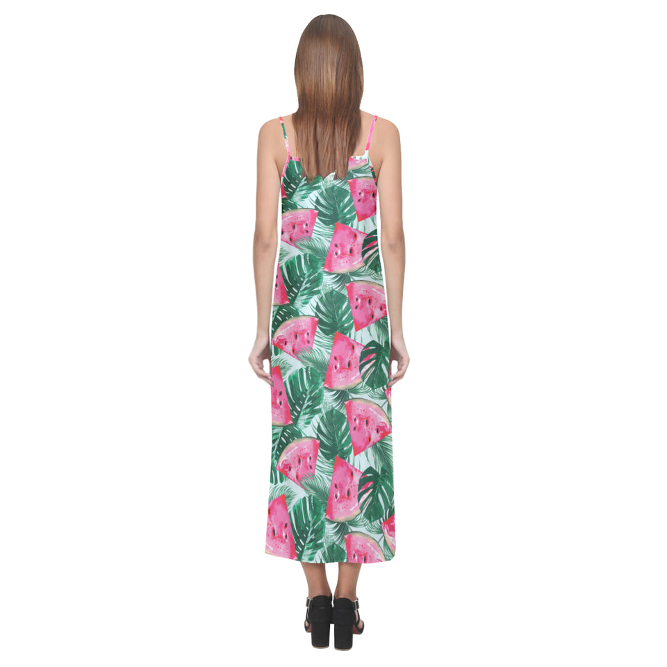 Watermelons tropical palm leaves pattern V-Neck Open Fork Long Dress