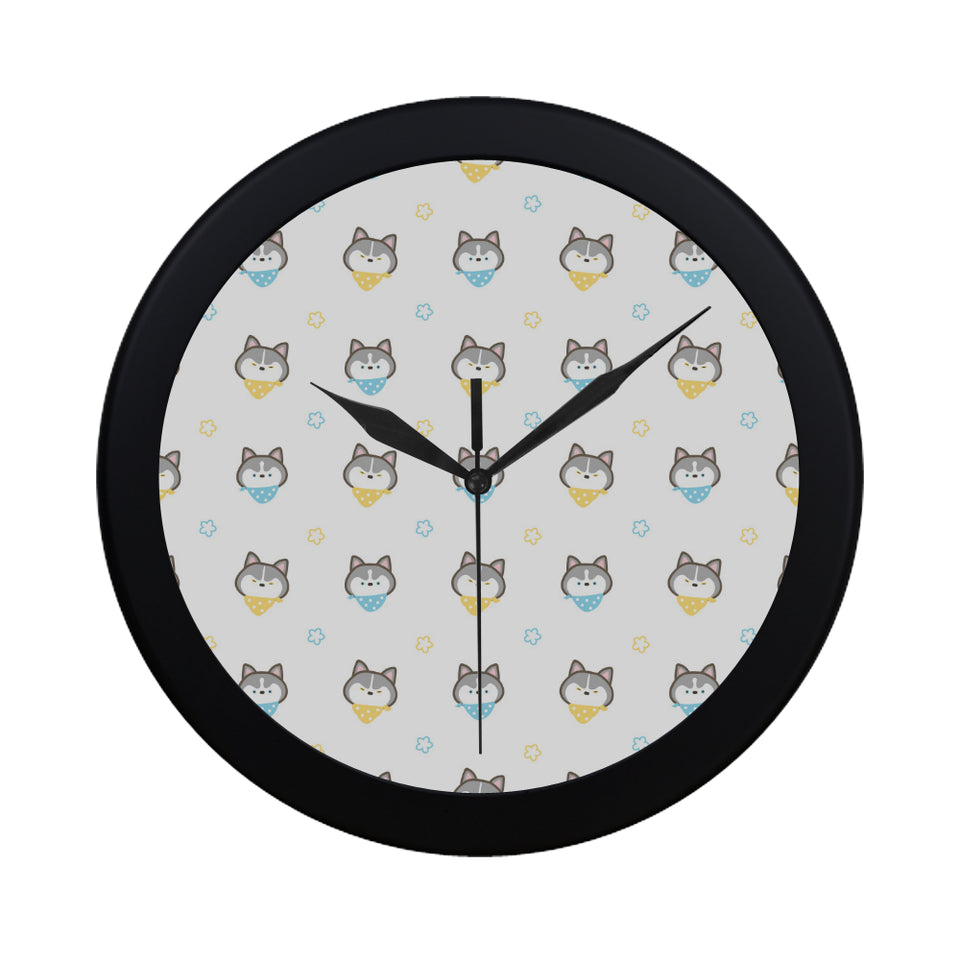 Cute Siberian Husky pattern Elegant Black Wall Clock