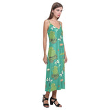 Cute frog dragonfly design pattern V-Neck Open Fork Long Dress
