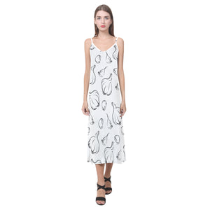 Garlic pattern black white V-Neck Open Fork Long Dress