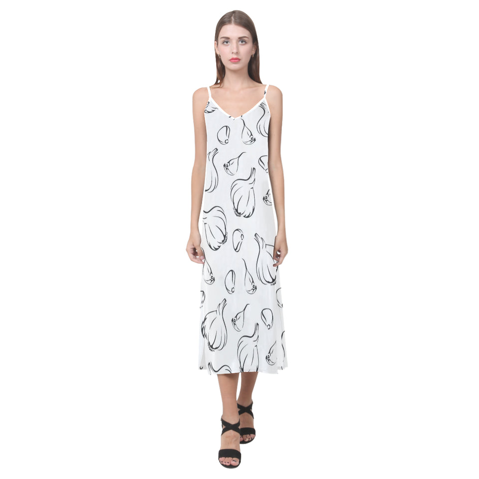 Garlic pattern black white V-Neck Open Fork Long Dress