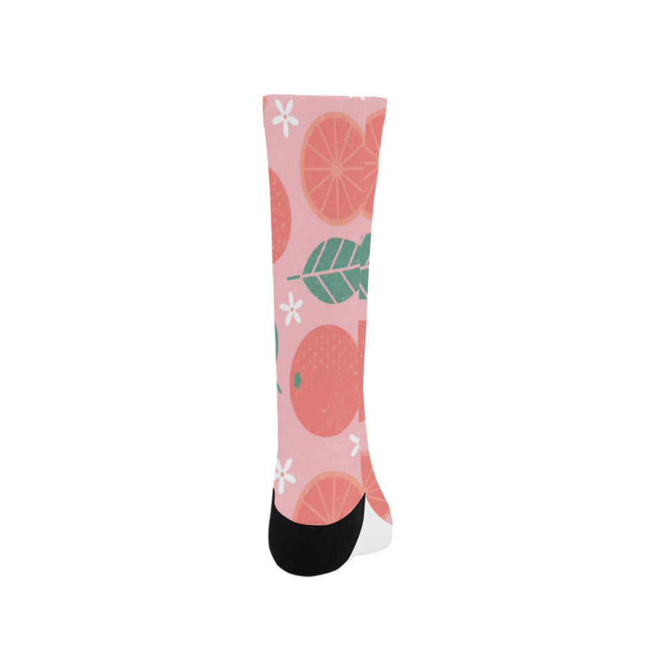 Grapefruit leaves flower pink background Crew Socks