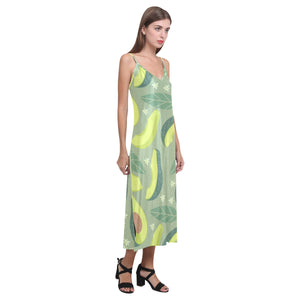 Avocado pattern V-Neck Open Fork Long Dress