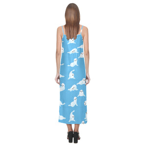 Cute sea lion seal pattern background V-Neck Open Fork Long Dress