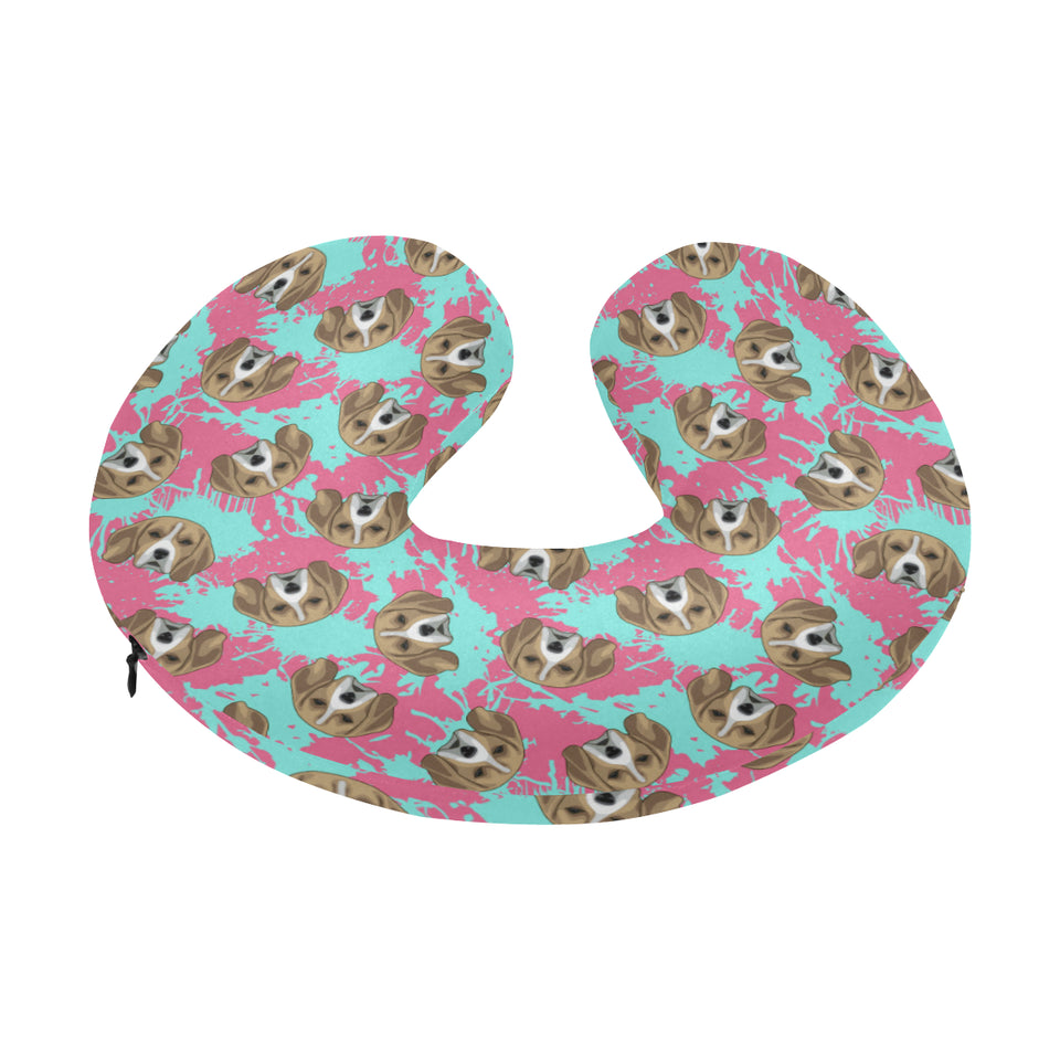 Beagle muzzles turquoise paint splashes pink patte U-Shaped Travel Neck Pillow