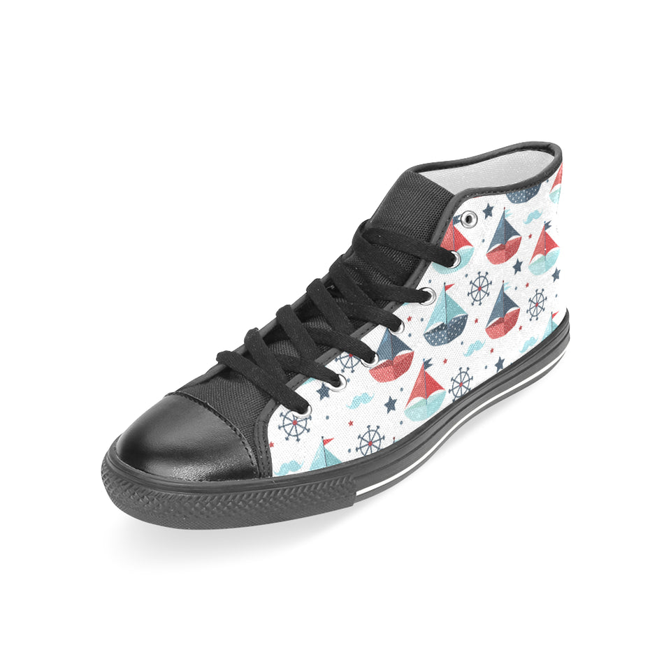 Cute color paper sailboat pattern Women's High Top Canvas Shoes Black