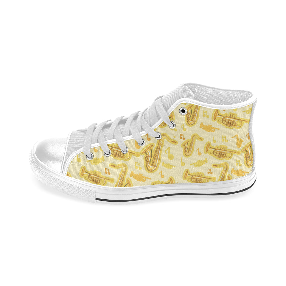 Saxophone cornet pattern yellow background Men's High Top Canvas Shoes White