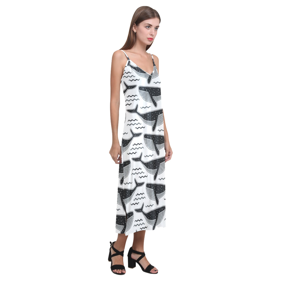 Black whale pattern V-Neck Open Fork Long Dress