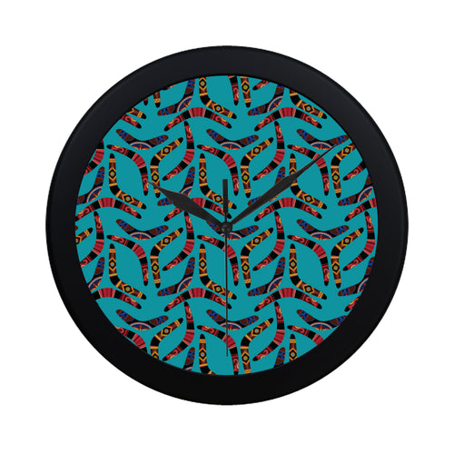 Boomerang Australian aboriginal ornament blue back Elegant Black Wall Clock