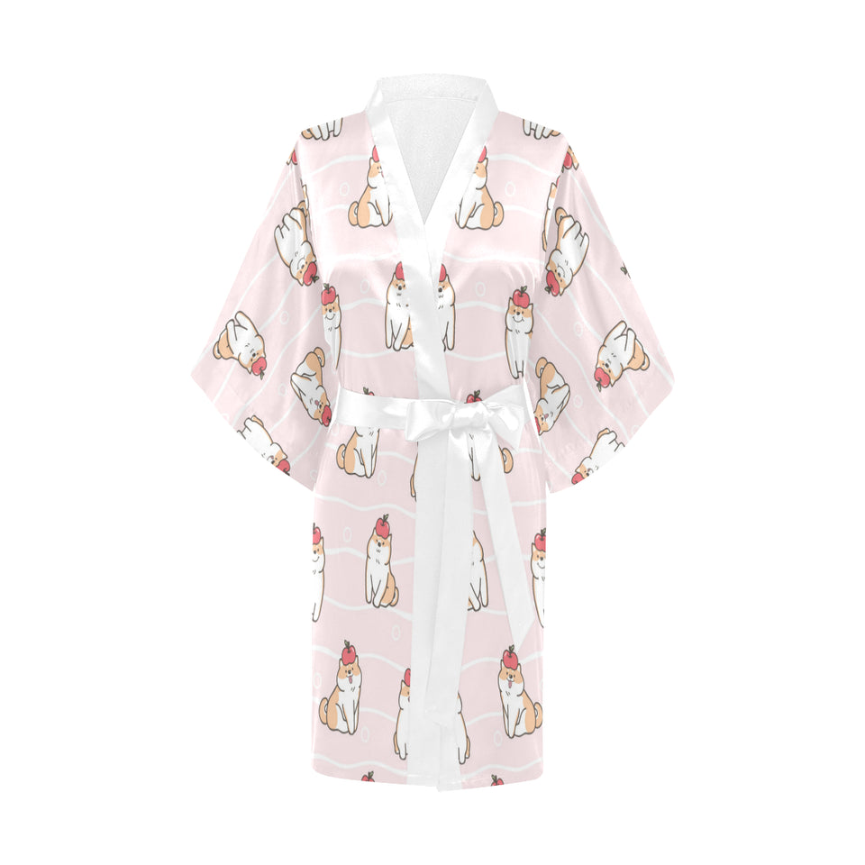 Cute Shiba Inu Dog Apple pattern Women's Short Kimono Robe