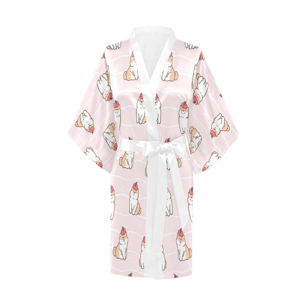Cute Shiba Inu Dog Apple pattern Women's Short Kimono Robe