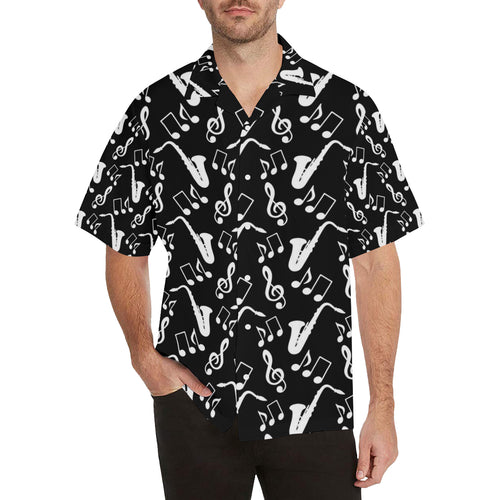 Saxophone music notes treble clef black white them Men's All Over Print Hawaiian Shirt