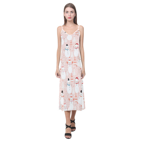 Cute snowman christmas tree snowpink background V-Neck Open Fork Long Dress