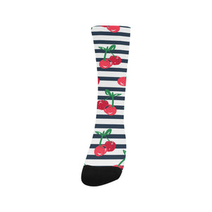 Hand drawn cherry pattern striped background Crew Socks