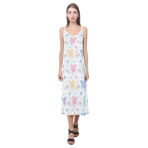 colorful unicorn rainbow heart pattern V-Neck Open Fork Long Dress