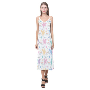 colorful unicorn rainbow heart pattern V-Neck Open Fork Long Dress