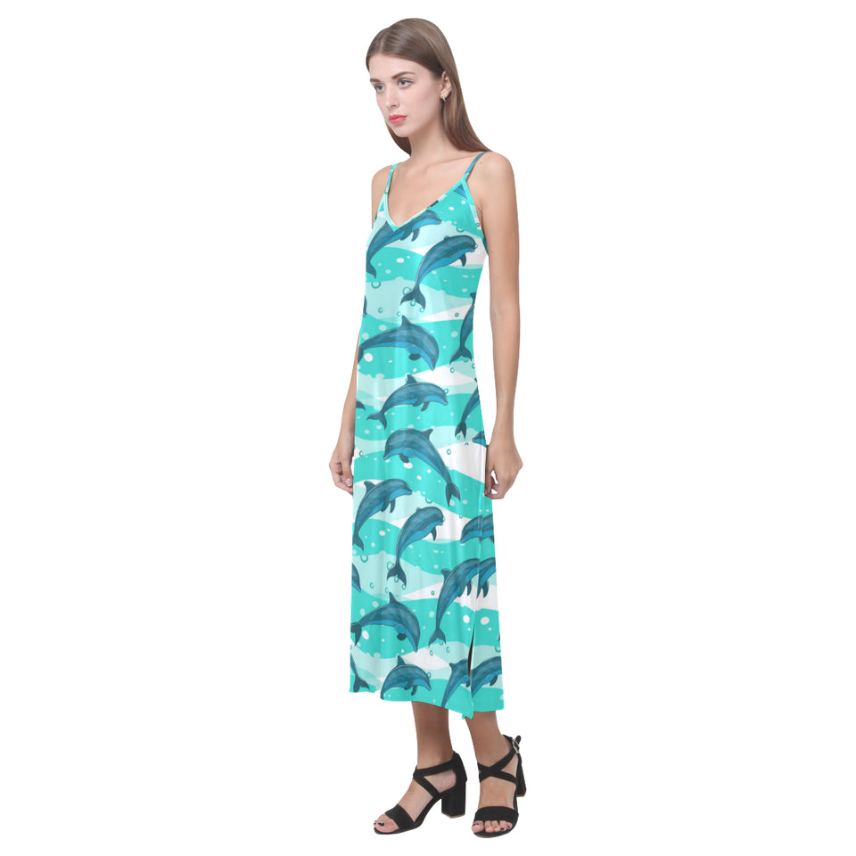 Dolphin sea pattern V-Neck Open Fork Long Dress
