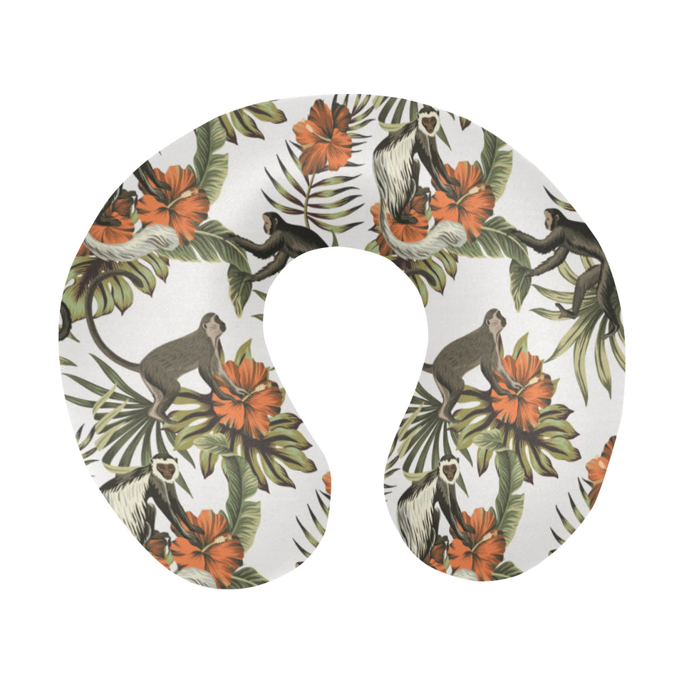 Monkey red hibiscus flower palm leaves floral patt U-Shaped Travel Neck Pillow