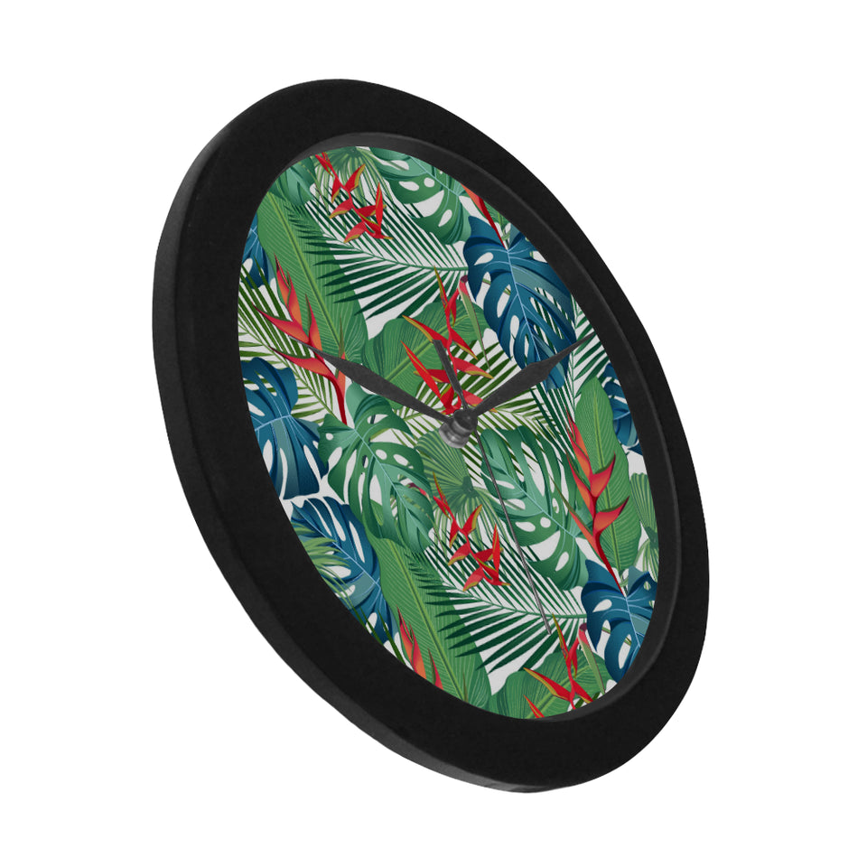 heliconia palm and monstera  leaves pattern Elegant Black Wall Clock