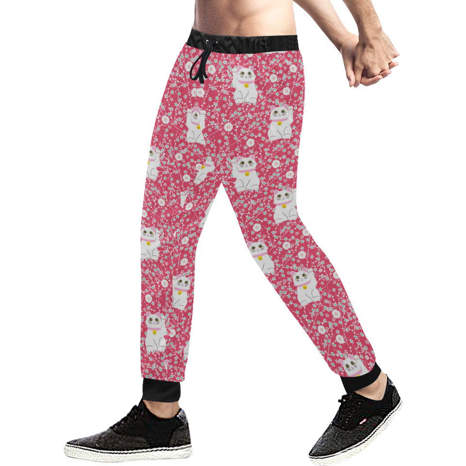 Maneki neko cat sakura pink background Unisex Casual Sweatpants