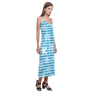 Starfish blue blackground V-Neck Open Fork Long Dress