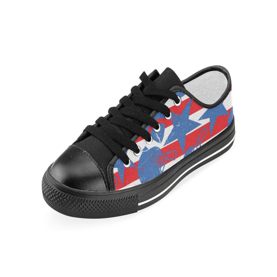 American football ball star stripes pattern Kids' Boys' Girls' Low Top Canvas Shoes Black