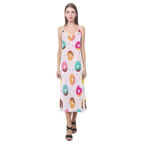 Donut pattern glaze pink background V-Neck Open Fork Long Dress