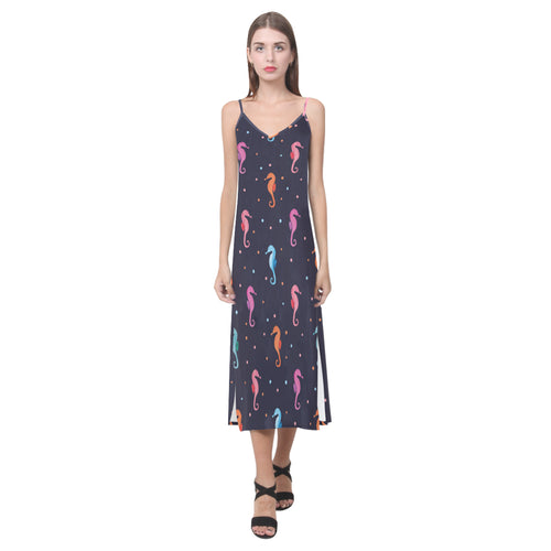 Watercolor colorful seahorse pattern V-Neck Open Fork Long Dress