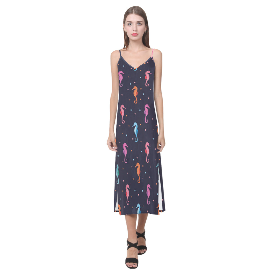 Watercolor colorful seahorse pattern V-Neck Open Fork Long Dress