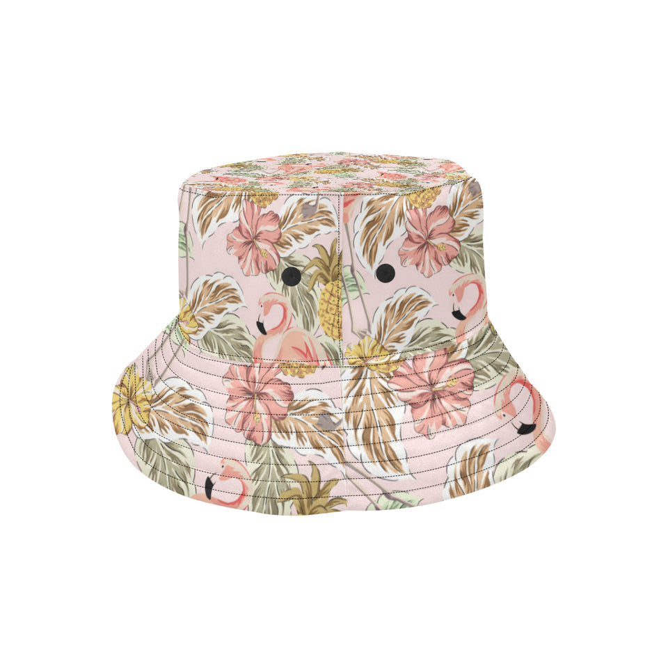 Pink flamingo birds pineapples hibiscus flower pat Unisex Bucket Hat