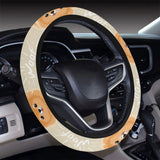Cute brown pomeranian puppy on blue Car Steering Wheel Cover
