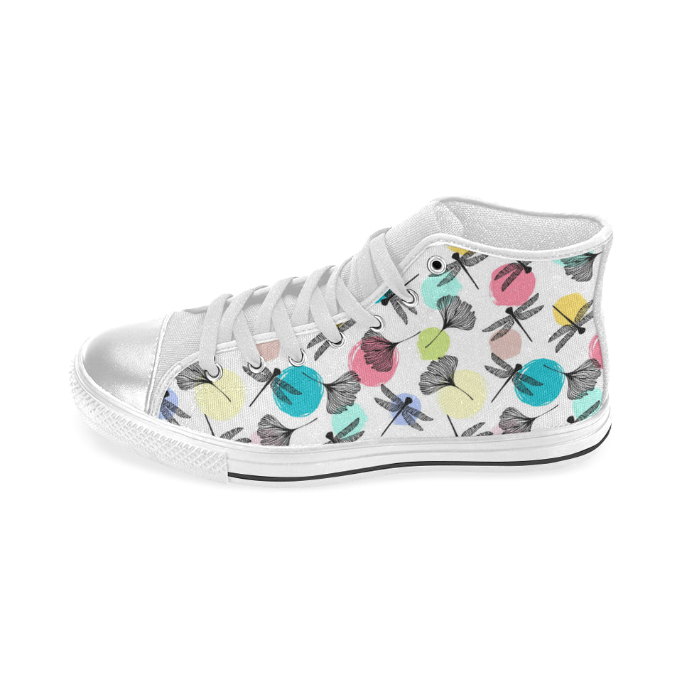 Dragonflies ginkgo leaves pattern Women's High Top Canvas Shoes White