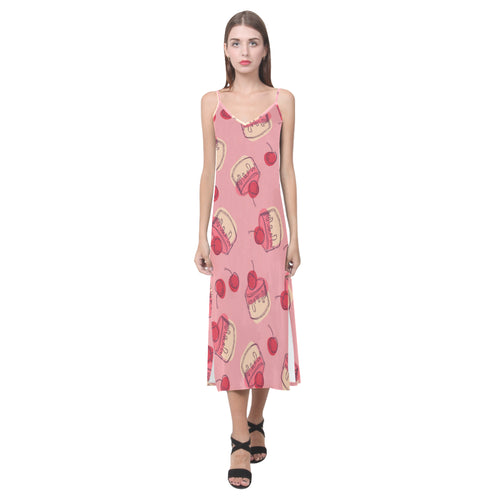 Cake cherry pattern V-Neck Open Fork Long Dress
